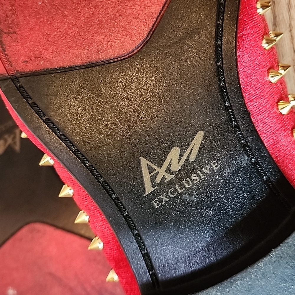 After Midnight Mens Harvie AM Exclusive Smoker Red Velvet Gold Spike Studs Shoes - Picture 8 of 11